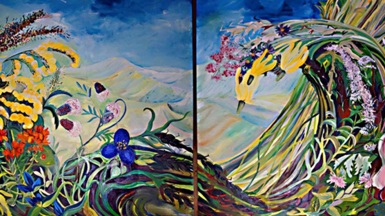colorful painting of flowers, grass, mountains