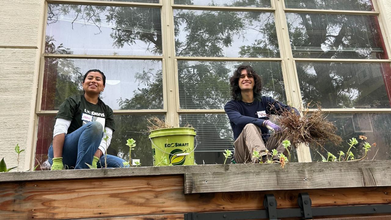 Two people smiling, kneeling in a garden bed pulling weeds