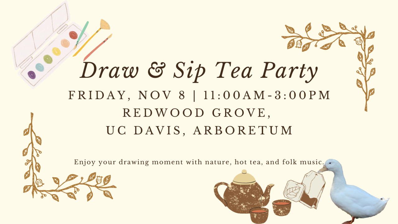 Graphic with illustration of water colors, leaves and tea with event information