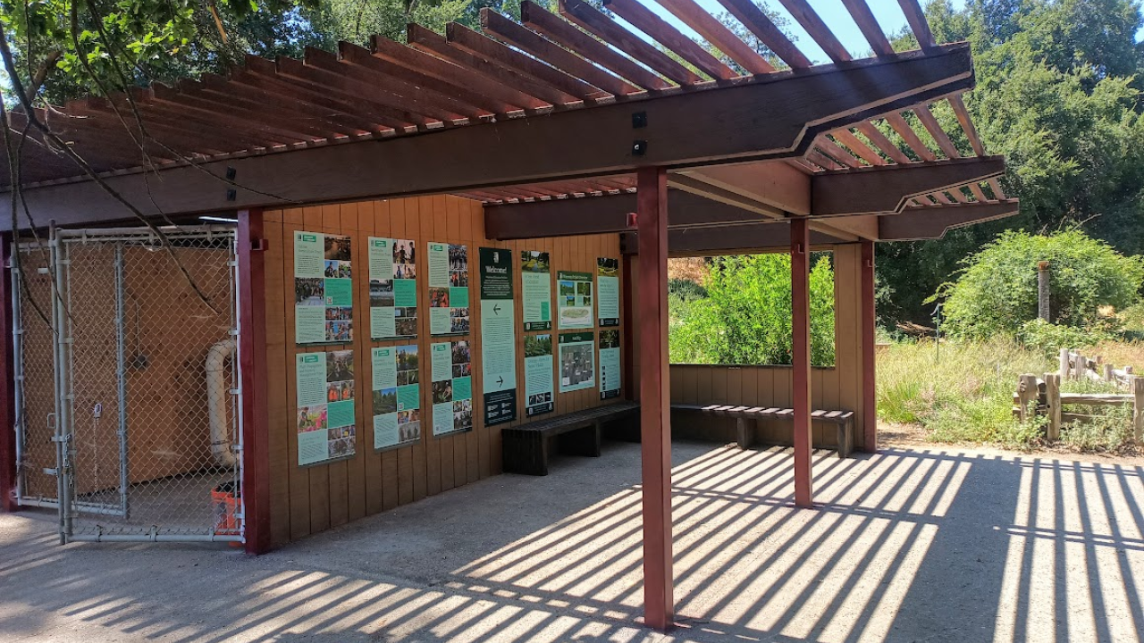 A wide-angle outdoor view of the Waterway Education Pavilion near Putah Creek Lodge at UC Davis. The small open-air structure has a wooden pergola-style roof casting striped shadows on the ground. A wall of educational signs is visible inside, along with built-in wooden benches. The structure is surrounded by native vegetation, with a wood fence and nature trail nearby.