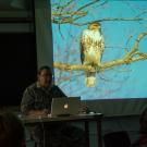 Image of Lois Richter giving her slideshow talk about winter birds in Davis at the UC Davis Arboretum Headquarters.