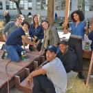 Group of students pose in Hunt Hall courtyard